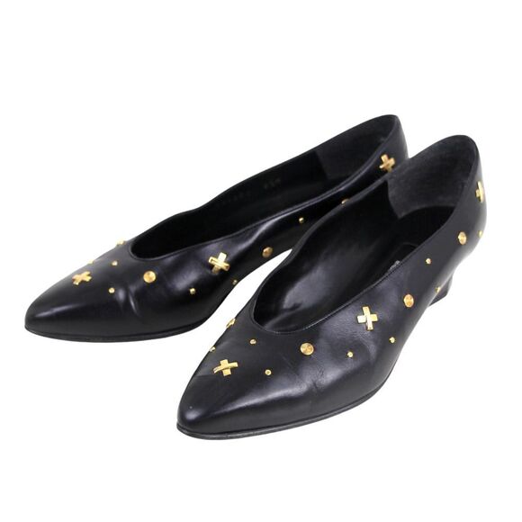 VTG Town Shoes BLACK REAL LEATHER POINTED MID HEEL STUDS CLASSIC PUMP SHOES 6.5M - Picture 2 of 11